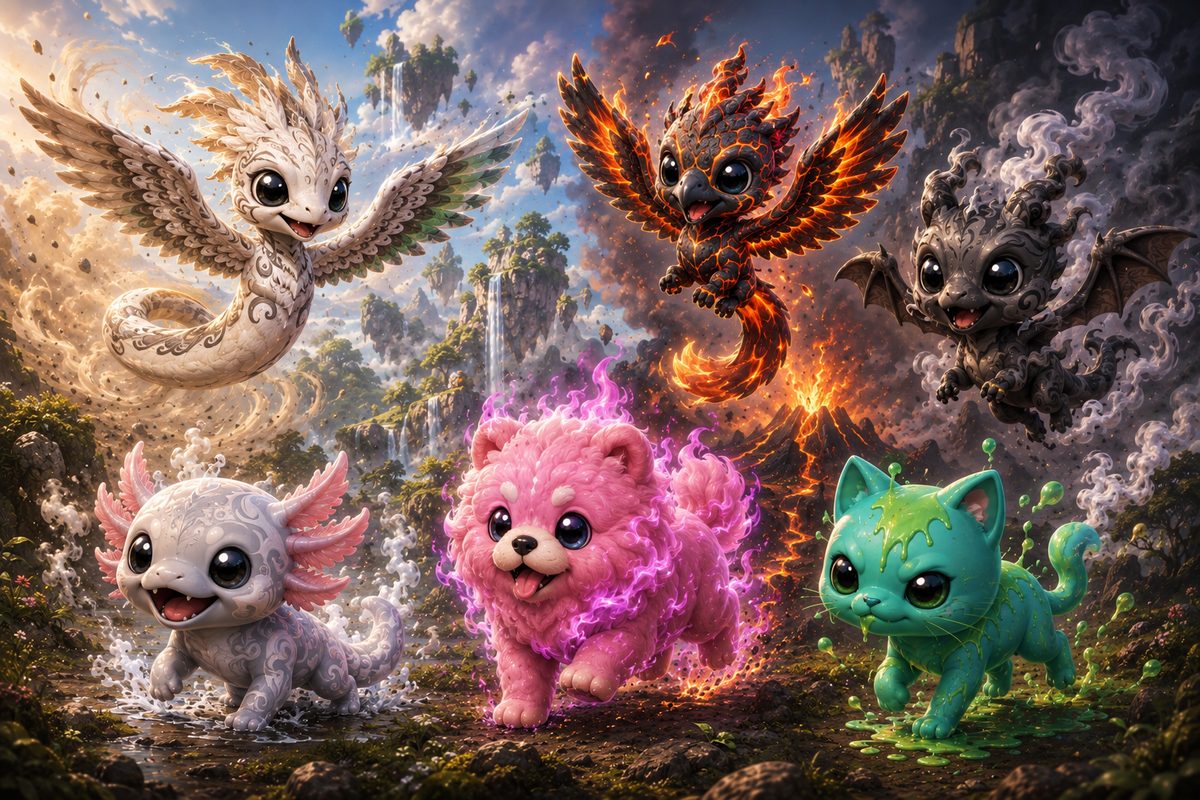 Six mythic Elemixies around the Elemixies logo